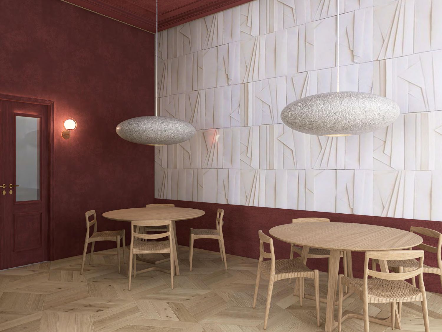 Sala z bordowym sufitem